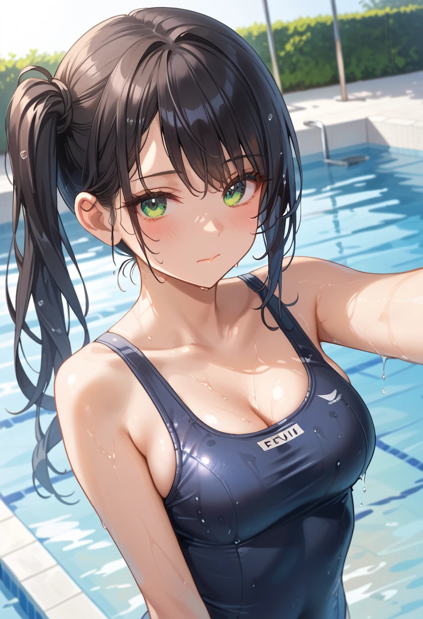 (on the table:1.2, best quality), (real picture, intricate details), 1 lady, alone, Upper body, casual, long hair, minimalist makeup, natural fabrics, Close-up face, Smile, school swimming pool, 浅白金金色long hair, Bangs, Bangs, Bangs between the eyes, green eyes, big ass, school swimsuit, Tight swimsuit, Sexy, detailed