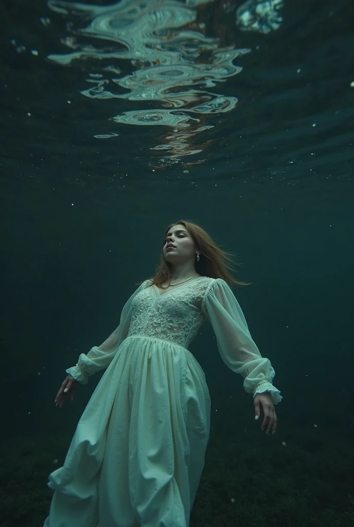 pale skin girl, green eyes and hip-length copper red hair in the water dressed in a long white floral dress with a slit at the leg, with two black souls behind her, and with hands stained black