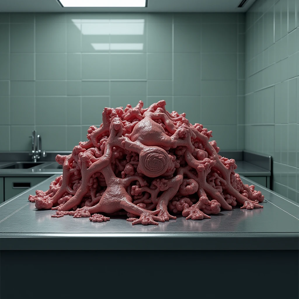 Make a realistic photo of a bathroom full of meat