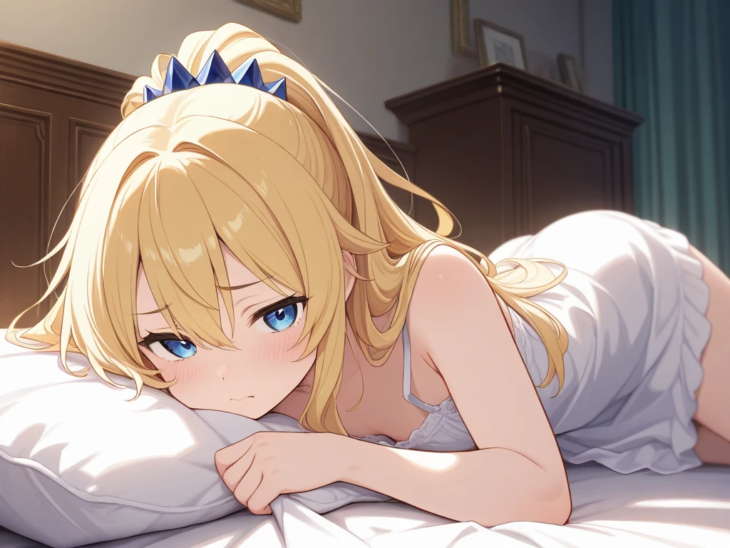 chubby, ((bbwchan)), blonde, blue eyes, freckles on cheeks, sitting, selfie, low-cut white dress, very large breasts, saggy breasts, bedroom, photo, half body, highly detailed, detailed skin, full hd, high definition , 8k, ultra realistic