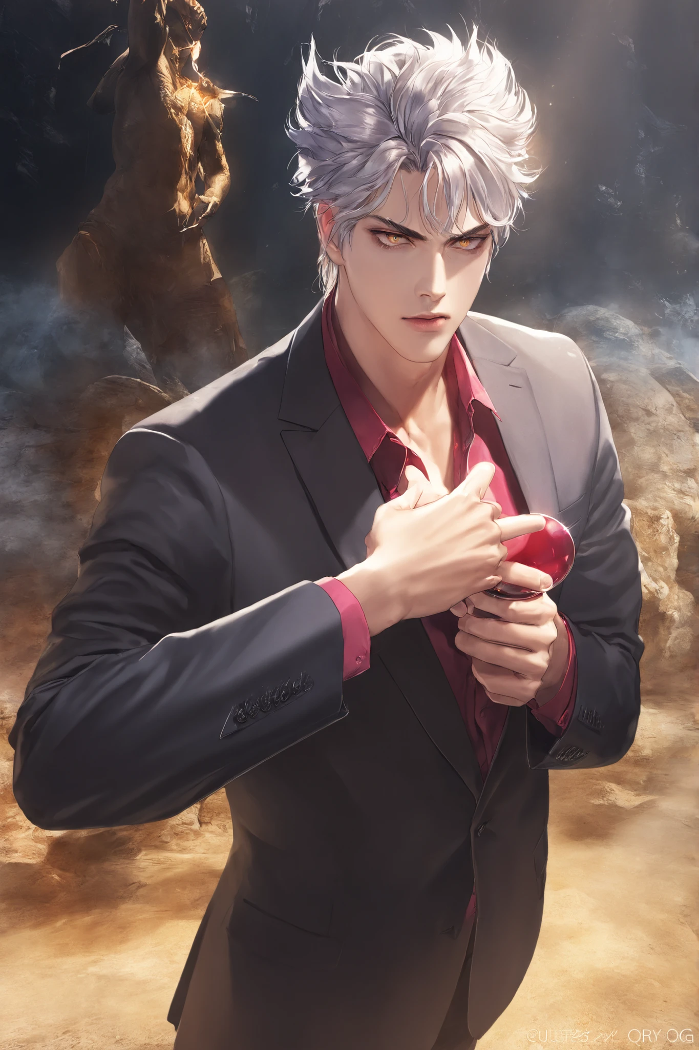 silver hair, golden eyes, Garou, 원펀맨 Garou 초인적 전투 모습, Exquisite Details, Overwhelming power, Realistic 3D rendering, high resolution on the coast, dramatic lighting, colorful colors, fantastic pose, sharp eyes, Explosive muscular body, Strong Atmosphere, Excellent expressiveness, Attractive character design, Top-level professional work,  realistic texture , Detailed work, Perfect balance, Overwhelming Feeling, top quality,  8K resolution , realistic lighting, Ultra HD, professional artwork hazelnut eyes. sunny-colored hair. 180cm 75kg. 265 foot cm. Firm Idol Body. ratio of non-women is good. Men's Natural Garma Perm. red wine-colored shirt. black suit. expressionless face.  intelligent . guy 1, male,