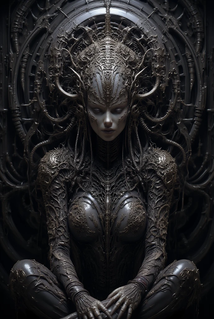 Create an image of Stunningly gorgeous beautiful perfect hr giger tattooed sexy seductive demonic hrgiger, Stunningly gorgeous perfect flawless sexy face, hyper detailed neon ruby ornaments, large firm breasts, full body view, nude, no color black and gray only, portrait off set by 20 degrees,