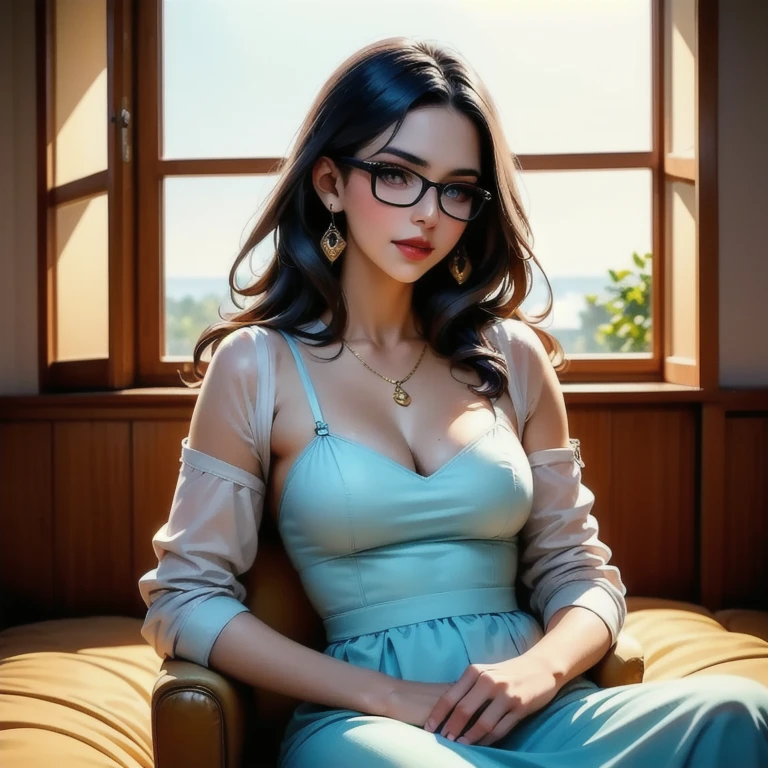 hair in a high ponytail, crystal blue eyes, sassy 25 years old, busty, cleavage, blouse unbuttoned , skirt, standing, coy smile, open parted lips, (blushing:1.3), looking invitingly at the viewer, facing the viewer, livingroom background, leaning forward on table, (pov), glowing eyes, necklace, earrings, nsfw, Selfie, Taking a Selfie