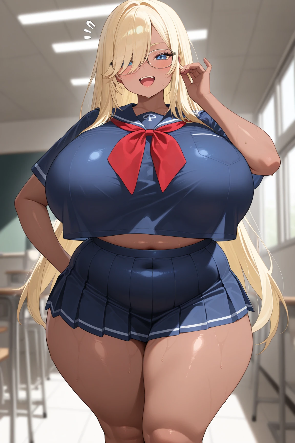 ((masterpiece)), (best quality: 1.7), (detailed: 1.4), (high resolution: 1.4), 8k, (colorful: 1.5), high resolution, sharp image, 4k, hd, (beautiful detailed background: 1.2 ), (beautiful lighting: 1.2), (highly detailed: 1.2), perfect lighting, (8k wallpaper: 1.2), (highly detailed: 1.2), (extremely detailed CG :1.2), 2d, ((1girl)), alone , chitoge, blonde hair, ((long hair)), ponytail, (high ponytail), blue eyes, (blush), happy happy, white shirt, ((orange tie)), blue skirt, pleated skirt, black thigh highs, sailor collar, ((red ribbon)), hair band, school, (sakura trees), (leaves), (trees), sky, (blue sky), clouds, ((street)), ((standing)), ( ( hands on hips)), ((huge breasts)), (very curvy body), (((day))) , (((bright eyes))), ((huge, wide, fat hips))