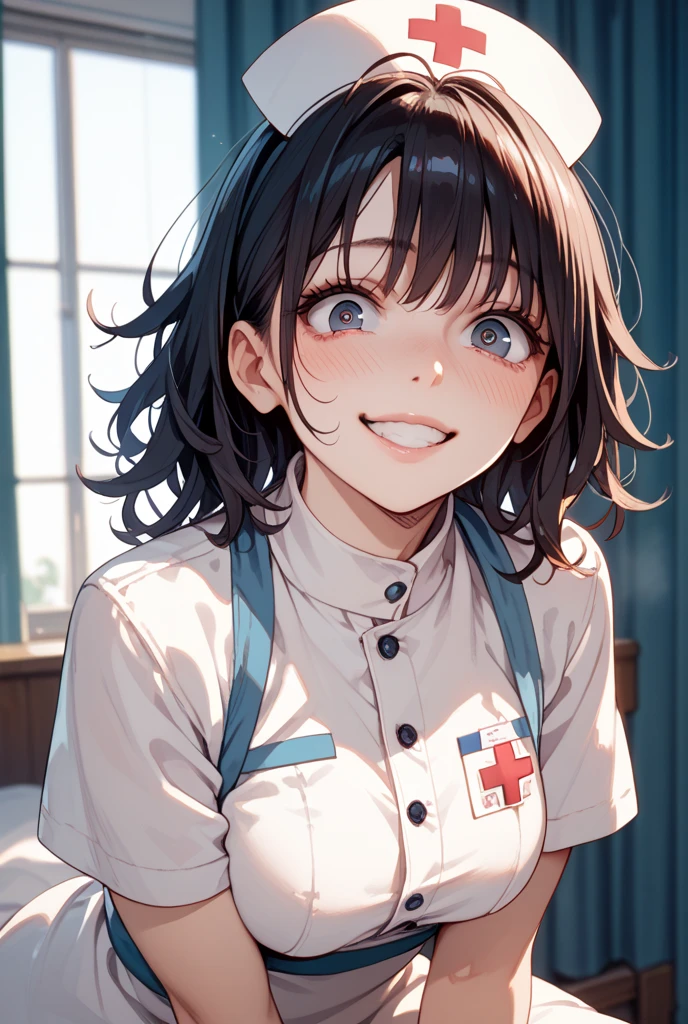 (visit style) (solo curly:1.3 black hair long hair lovely girl, lovely red eyes, grin, yo, love smile), (in a school summer sailor suit, red ribbon, skirt, detailed black tights), BREAK, (in the hospital bedroom, holding own leg sit on bed), focus leg, perfect anatomy, masterpiece, best quality, 16k, beautiful detailed grow, daydreaming expression.
