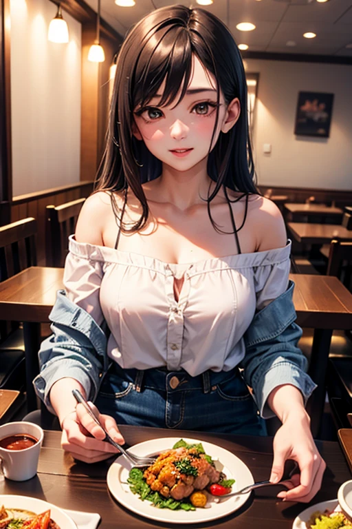 best、masutepiece、An ultra-high picture quality、realisitic、girl with、(Beauty Face 1.4)、(many delicacies on the table)(( beautiful woman eating a lot of food)), Solo, breasts, realisitic、Silky long hair, (Brown hair),