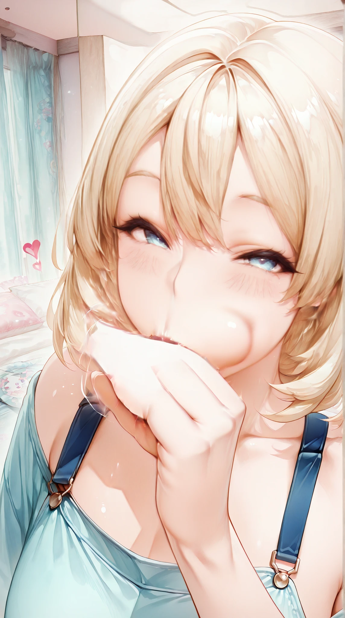 Blue eyes, Blonde hair, Sweating, Breast size d, Short cut and wavy hair, Big hips, High quality, Shiny body, oral sex, inserting the entire penis into the mouth, tears