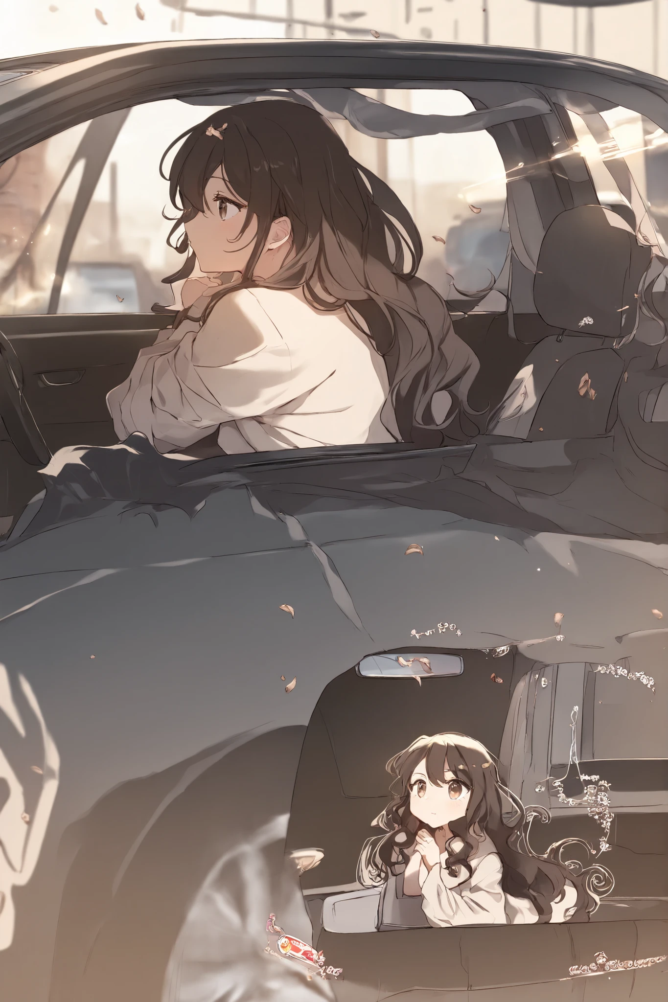 ((girl)) ((Cola Bottle Body 2:unset-colored Hair 1:1)) ((hazelnut-colored eyes with a good full-body ratio 1:1)) ((cute)) ((beautiful in the car)) ((animations)) ((Boundary)) ((long hair)) ((Curly 1:1))
