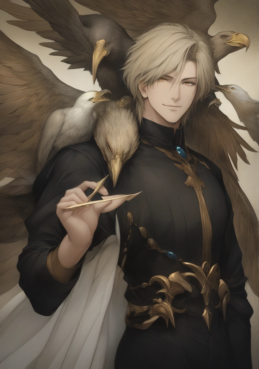 extremely delicate and beautiful, Amazing, finely detail, masterpiece, ultra-detailed, highres,best illustration, best shadow,intricate,sharp focus, high quality, 1 male solo, mature, handsome, tall muscular guy, broad shoulders, grey hair. dark teal eyes, alhaitham genshin impact, holding his pet falcon bird, falcon bird in his hands, falcon feathers on background, falcon feather in front of him, backlight, night sky and stars, black sleeveless top, separate sleeves