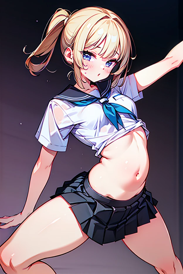 top-quality、realistic touch,high-detail、photoRealstic、thin-waist、captive beauty、big eye、solid platinum-blonde eyelashes、platinum-blonde、full body Esbian、Sparkling eyes、Submissive smile、Flushed cheeks、Kamimei、thin-waist、Voluptuous thighs、Enraptured look、In the classroom of the school、Navel look、She is in estrus、a sailor suit、cocky expression、Colossal tits、Super short skirt with V-line visible、Camera angle from below、Big breasts visible between uniform and stomach、Sleeveless