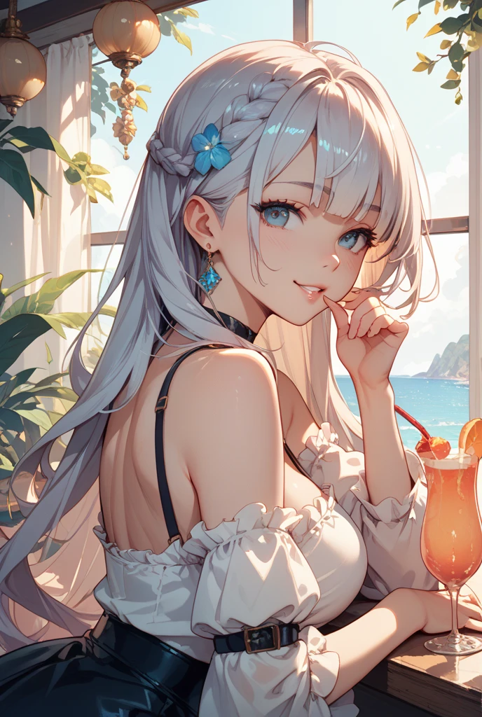 1girl,(((face lighting))),(((strong sunlight))),(dappled sunlight on her:1.25),long hair,ponytail,(Side ponytail),blue eyes,Bow hairpin,white hair,(upper body),(pale skin:1.25),(topless),cleavage,sitting,medium breasts,picnic,food,blue sky,Wooden house,outdoors,looking at viewer,picnic basket, spring (season), juice,cup,lake,forest, nature,cherry blossoms, sakura,wind,