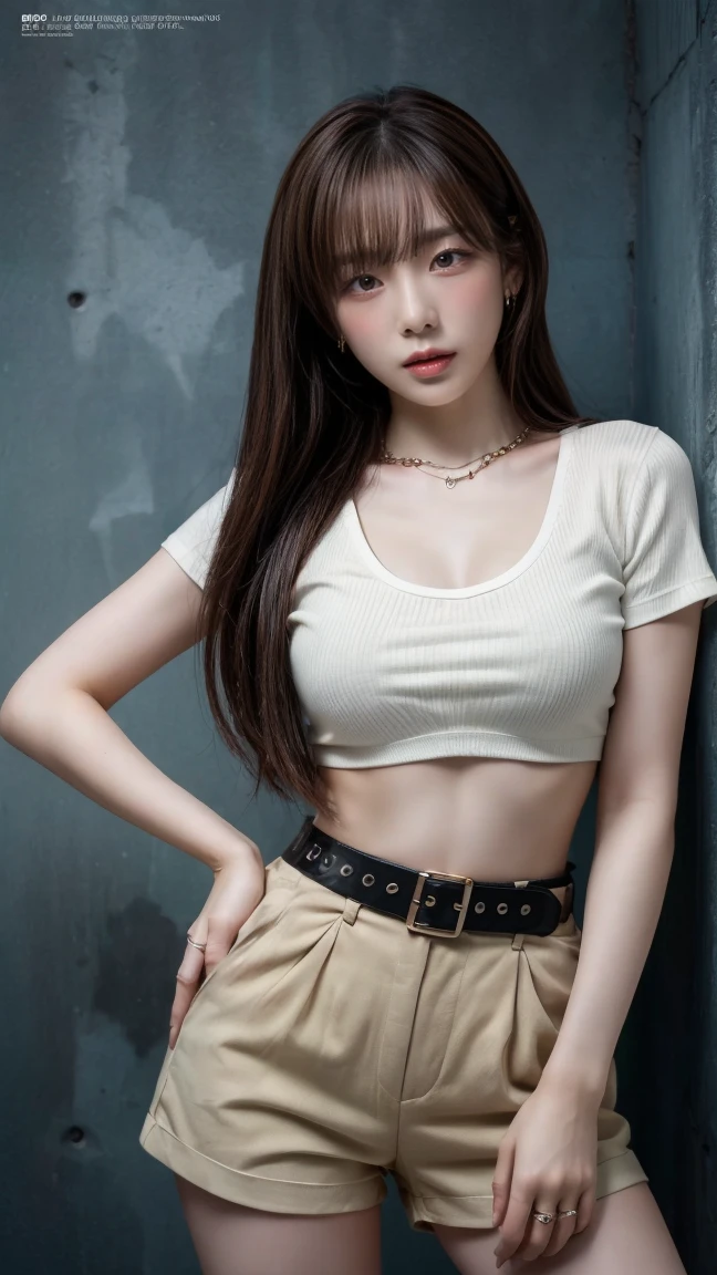 (top-quality、hight resolution、​masterpiece:1.3)、Tall and cute woman、Slender Abs、Dark brown hair styled in loose waves、breastsout、Wearing a pendant、White button-up shirt、a belt、Black leather tight skirt、(Modern architecture in background)、Details exquisitely rendered in the face and skin texture、A detailed eye、二重まぶた
