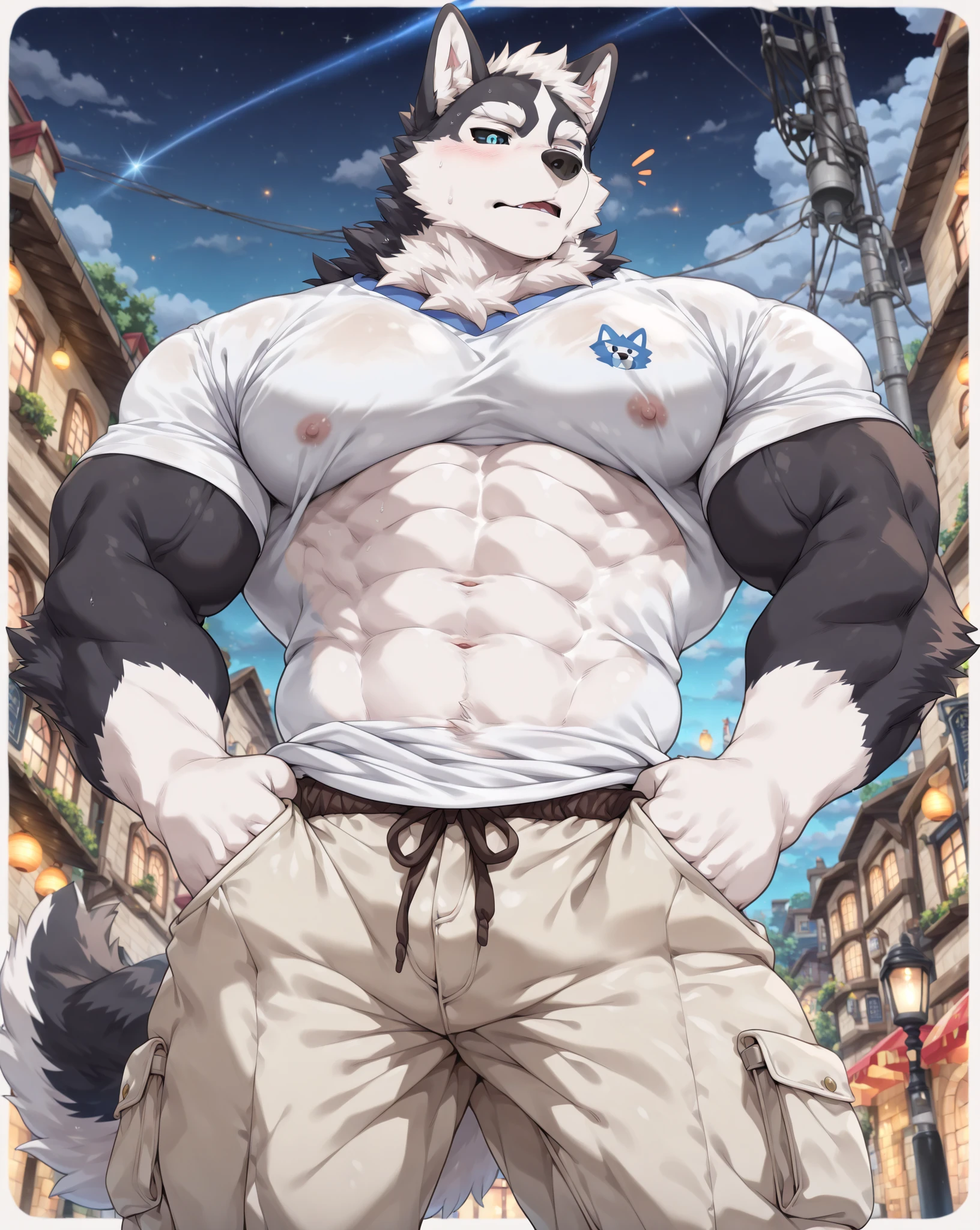 Furry，Wolf boy，White fur，crystal blue eyes，Single fluffy tail，greyt hair，short detailed hair，summer day，dive，Wear diving goggles，masculine features，back，Squat，asshole，very big bulge