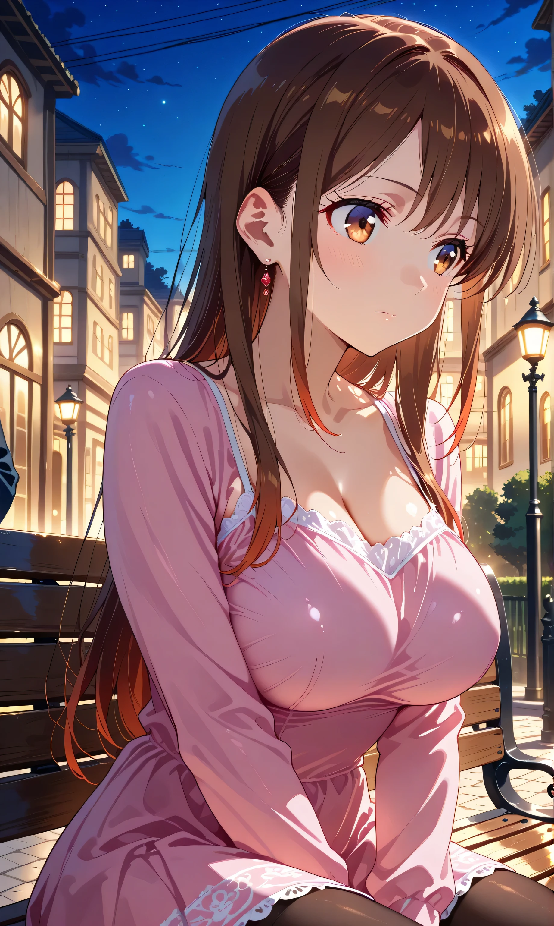chizuru_mizuhara wearing a pink mini dress and black tights, beautiful, curvilinear, long hair, bangs, brown hair, brown eyes, light skin, Annoying, stoic, Sitting on a street bench , Alone, At dusk, (night scene:1.2), drawn in an anime style , upper body,enfocate en los pechos,low cut, shiny, shiny breasts
