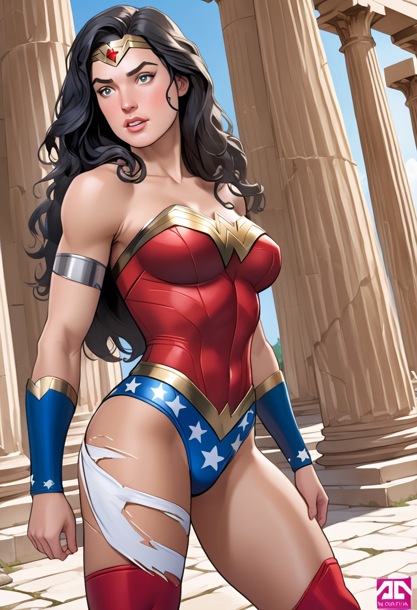 (Victoria's Secret Model Wonder Woman), begging for her life, defeated, Wonder Woman, on all fours, 1girl, single, solo, solo, full body, ((intricate details, makeup), (delicate and beautiful delicate face, delicate and beautiful delicate eyes, face with perfect proportions), (realistic moist skin: 0.5), (drenched body: 0.5), (wet skin), wet hair, high-detail skin, delicate skin, best proportions four fingers and one thumb, strong and realistic blue eyes,  Realistic black hair, lips, makeup, natural skin texture, tiara, leotard, bulletproof cuffs, red boots, (public clothing:1.3), slightly sunburned skin tone, mature, sexy, elastic muscles, (muscles:1.2), ((strong and healthy body)), ((((more) muscles))), long legs, curves, thick thighs, wide buttocks, thin legs, (big breasts: 1.2), thin waist, soft waist, (delicate skin), (beautiful and sexy woman), (swollen lips):  0.9), (eyelashes: 1.2), very delicate muscle definition, ((top quality)), ((masterpiece)), ((realistic)), (detailed), detailed background, realistic texture, resolute look, basement, garbage, dirty,