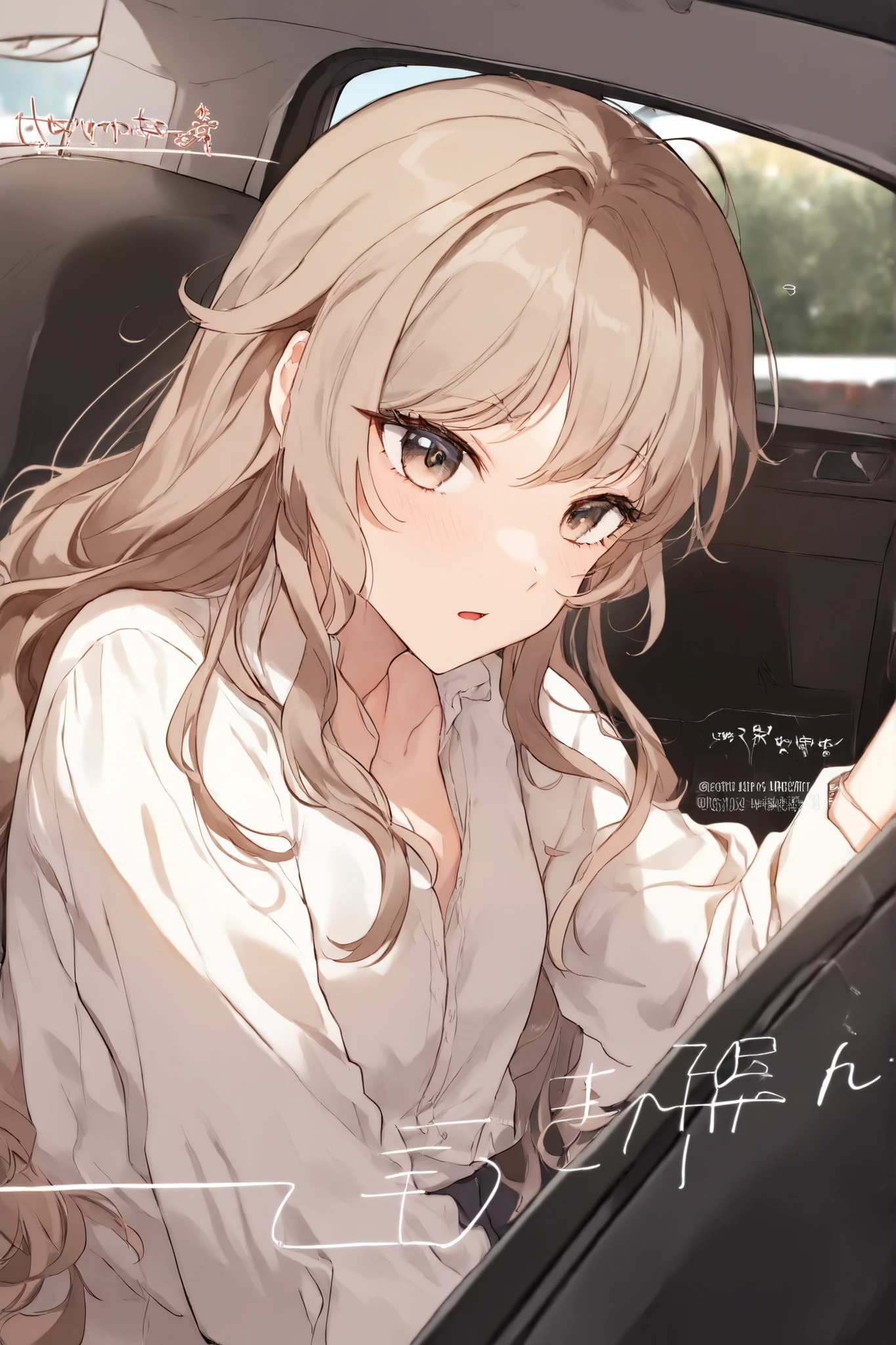 ((1 girl)) ((Cola Bottle Body 2:unset-colored Hair 1:1)) ((Hazelnut Eyes 1:1)) ((cute)) ((beautiful in the car)) ((animations)) ((Boundary)) ((long hair)) ((Curly 1:1)) ((Good full-body ratio)) (( Delicate Expression ))