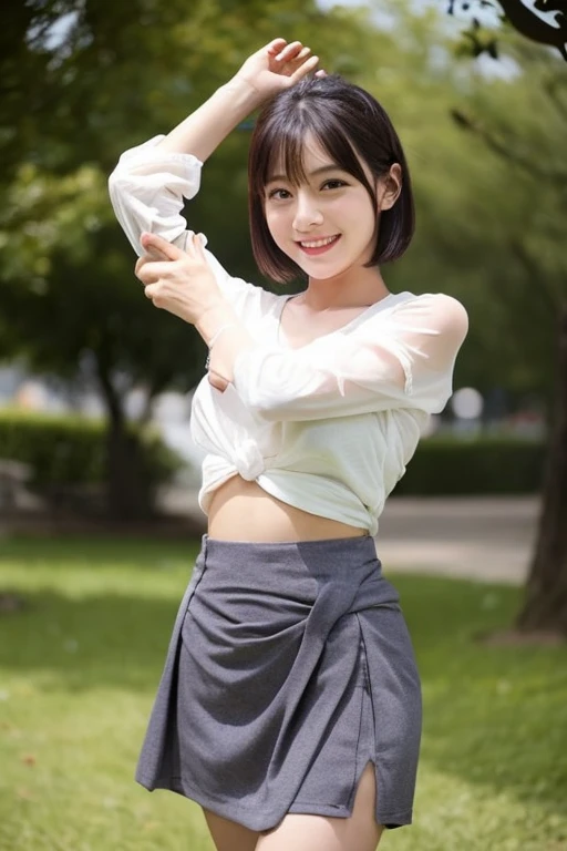 4k, Top quality, 1 beautiful woman, super short Hair, wearing  skirt, Big Laugh, Sunlight, at Park