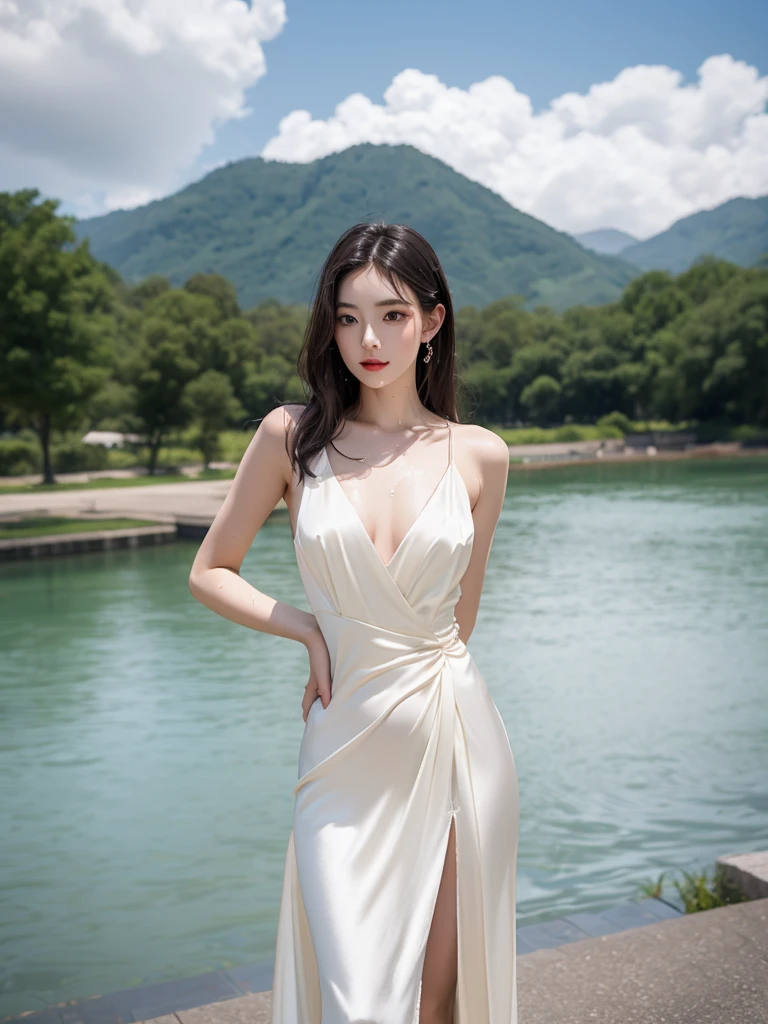 1girl, sitting in front of Marina Bay Sands Hotel, Singapore, beautiful detailed eyes, beautiful detailed lips, extremely detailed face, long eyelashes, cute, sweet, above knee length dress, sunlight, cinematic lighting, vibrant colors, highly detailed, photorealistic, 8k, best quality, masterpiece