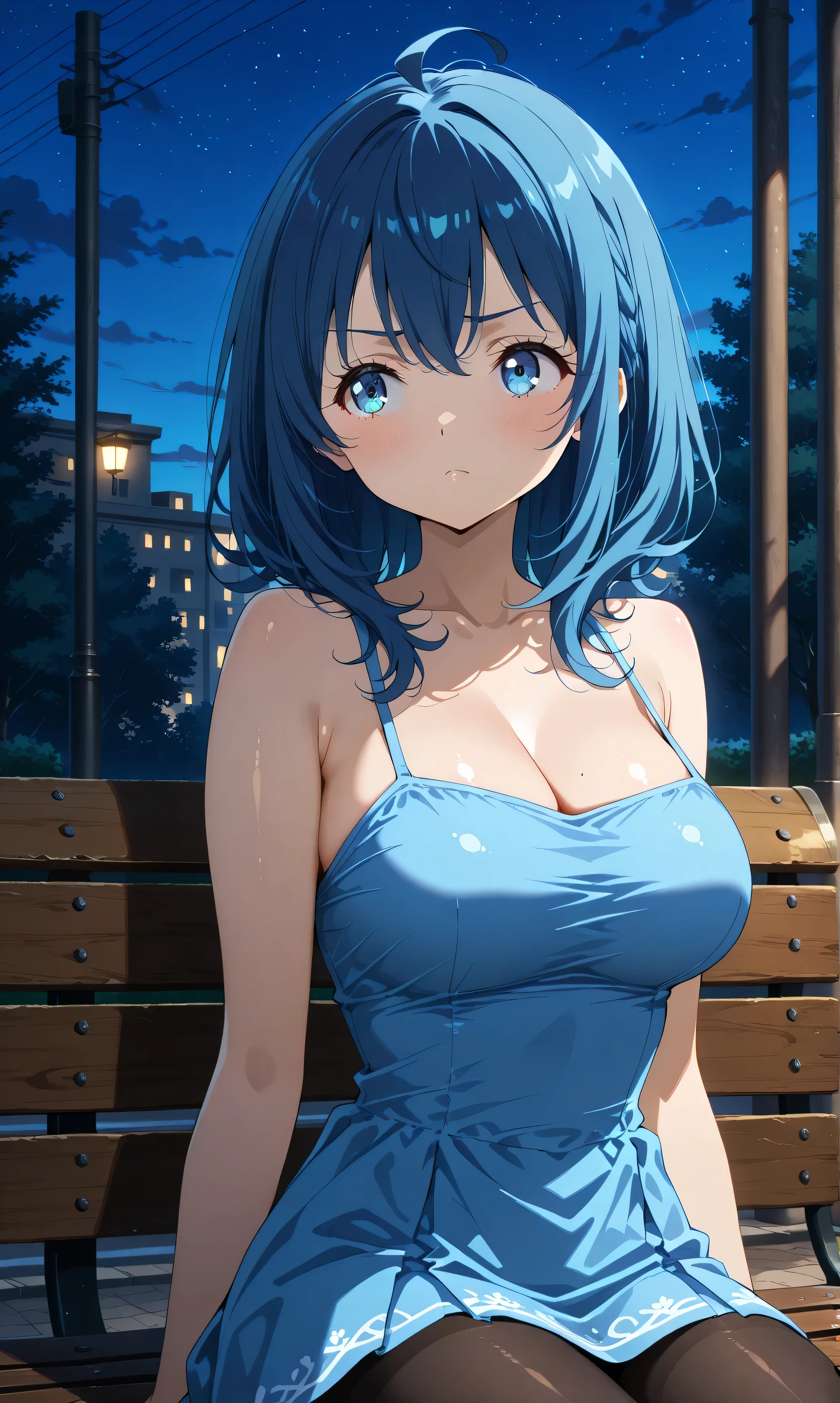 yanamianna wearing a blue mini dress and black tights, beautiful, curvilinear, medium hair, ahoge, blue hair, blue eyes,, light skin, Annoying, stoic, Sitting on a street bench , Alone, At dusk, (night scene:1.2), drawn in an anime style , upper body,enfocate en los pechos,low cut, shiny, shiny breasts