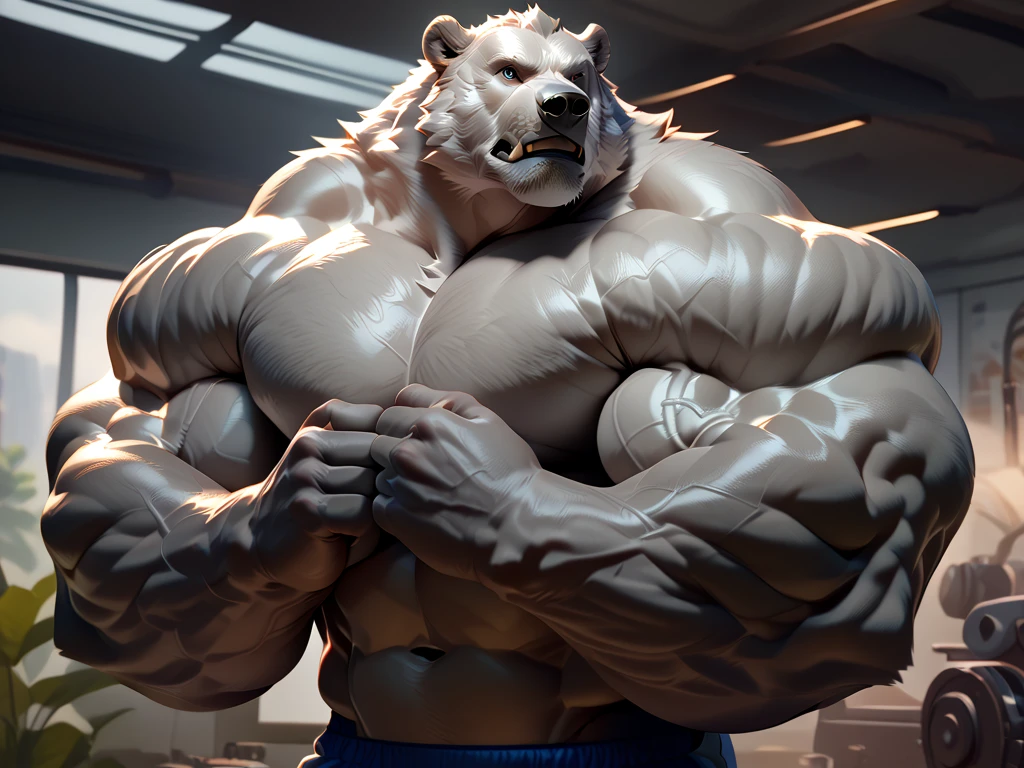 Um humanoide (solo) strong, muscular and arms crossed and an intimidating look with a bear's head and the body of a very strong man with white pants and a black martial arts belt in a dark and mysterious background setting..