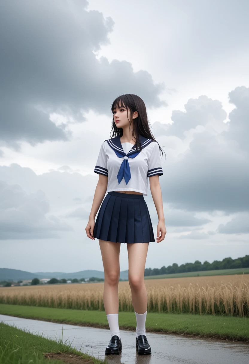 beautiful, sunlight, masterpiece, highest quality, (One girl), Japanese, 13yo, alone, smile, Embarrassed face, Pink lipstick, Red cheeks, blue sea, best blue sky, White cloud, Small breasts, Cleavage, (japanese high school girl uniform), ((Soaked uniform)), Black Skirt, White lace underwear, ((pointed nipples)), Black-haired, Shortcuts, Hair blowing in the wind, Detailed face, Detailed eyes, (Wet Skin), (Wet Hair), High quality water, super settings, Sexy model posing, ((squat legs)), You can see the shape of, ((Angle from below)), Fisheye Lens,