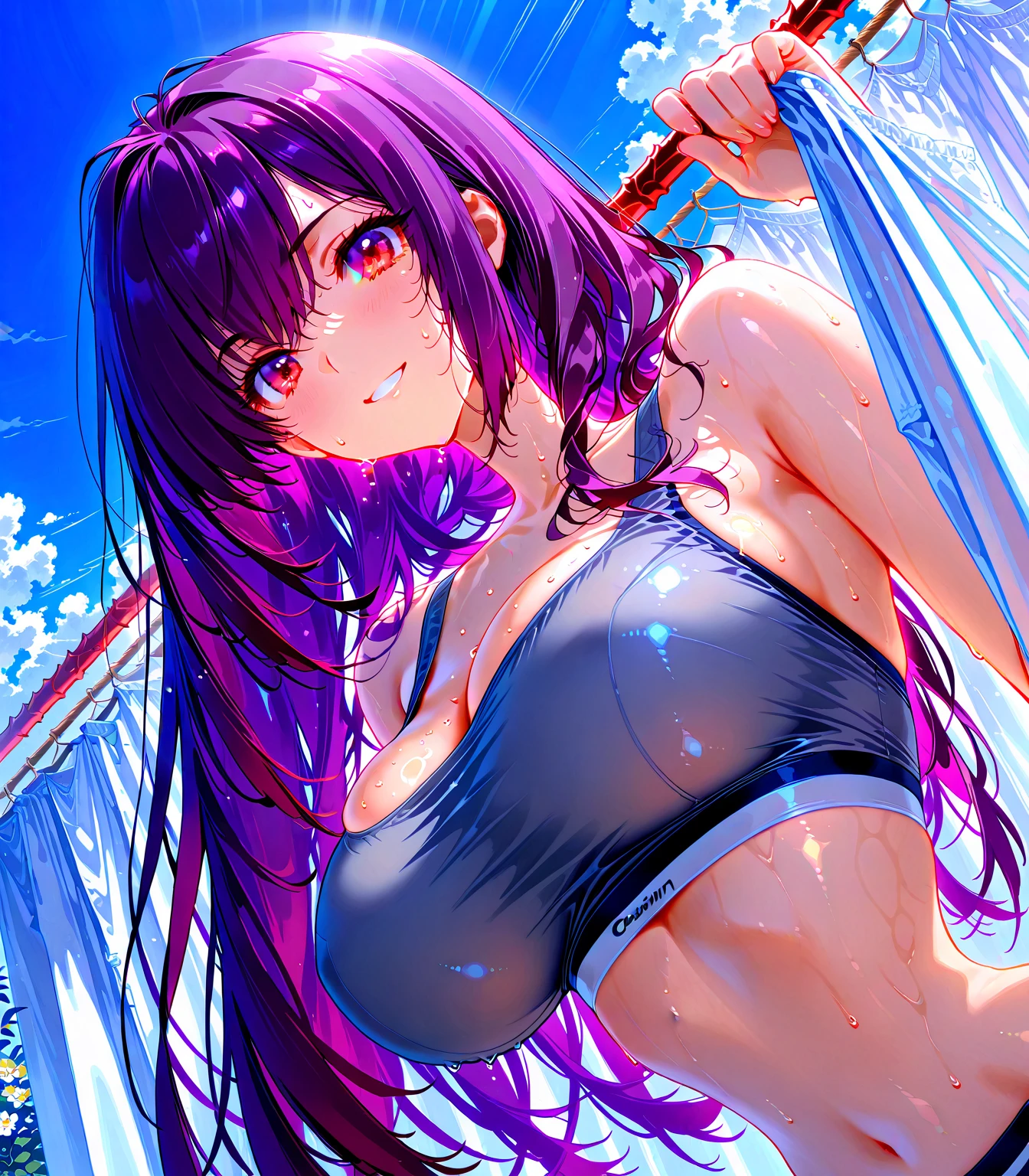 hayase yuuka (blue archive), blue bikini, large breasts, smug, smirk, bratty, bitchy, blue bikini bottom, ocean, beach
