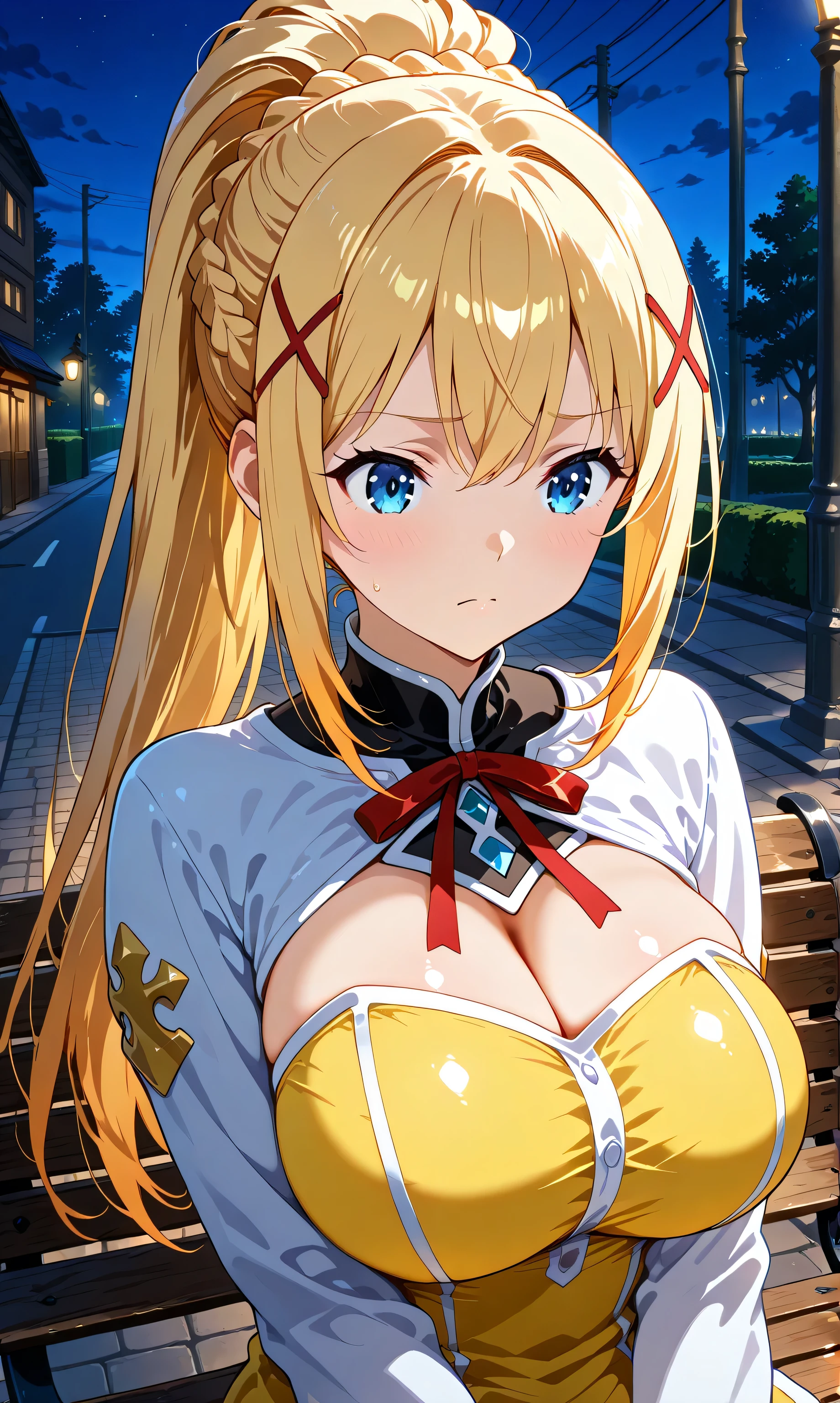 aadarkness wearing a yellow mini dress and black tights, beautiful, curvilinear, long hair, blonde hair, braid, ponytail, x hair ornament, blue eyes, huge breasts, red ribbon, light skin, Annoying, stoic, Sitting on a street bench , Alone, At dusk, (night scene:1.2), drawn in an anime style , upper body,enfocate en los pechos,low cut, shiny, shiny breasts