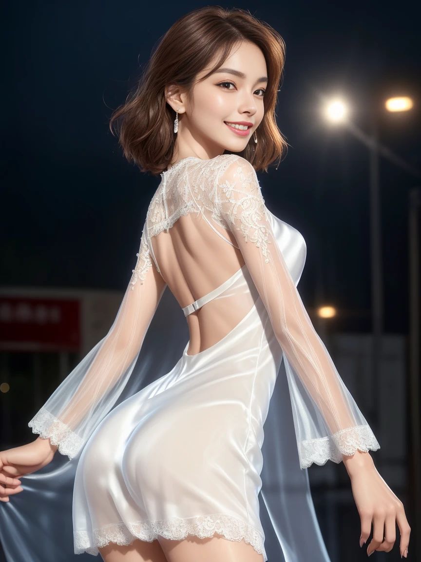 8k, masterpiece, RAW photo, best quality, photorealistic, extremely detailed CG unity 8k wallpaper, Depth of field, Cinematic Light, Lens Flare, Ray tracing, (extremely beautiful face, beautiful lips, beautiful eyes), intricate detail face, ((ultra detailed skin)) 1girl, in the dark, deep shadow, pretty asian girl, ((looking at viewer)),(big smile), (blurry background), midnight, (pretty girl), earrings, bracelets, necklace, clear eyes, (pale skin), face forward, (big eyes), (looking at viewer), large breasts ,((smile)), rooftop, dim lights, ((night)), cityscape, blue eyes, see through gown, long gown, red sleeping gown, open breast, veranda, very slim, (medium butt), see through, thick thighs, open breast, (back shot), focus on ass, naked