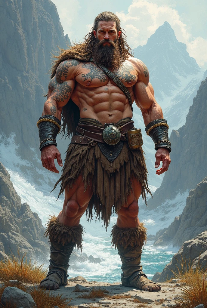 (um forte, musculoso, white-haired nordic man), corpo musculoso, Muscular arms and legs, olhos azuis penetrantes, rosto bonito e robusto, ombros largos, longos cabelos brancos caindo pelas costas, barba grossa, postura confiante, vestindo um manto forrado de peles, standing on a snowy mountain peak, cercado por pinheiros, paisagem coberta de neve, a Viking helmet on the head, holding a large battle ax in his hand, the aurora borealis shining in the night sky, Dramatic lighting casting shadows on his strong features, a sense of power and determination emanating from him, your muscles glistening with sweat, a sense of adventure and bravery in your eyes, a symbol of Nordic strength and endurance, a truly epic and majestic figure, an embodiment of the Nordic spirit. (best quality, Altas), ultra-detalhado, Realistic, heroic, guerreiro, paisagem nevada, cores intensas, dramatic lighting.