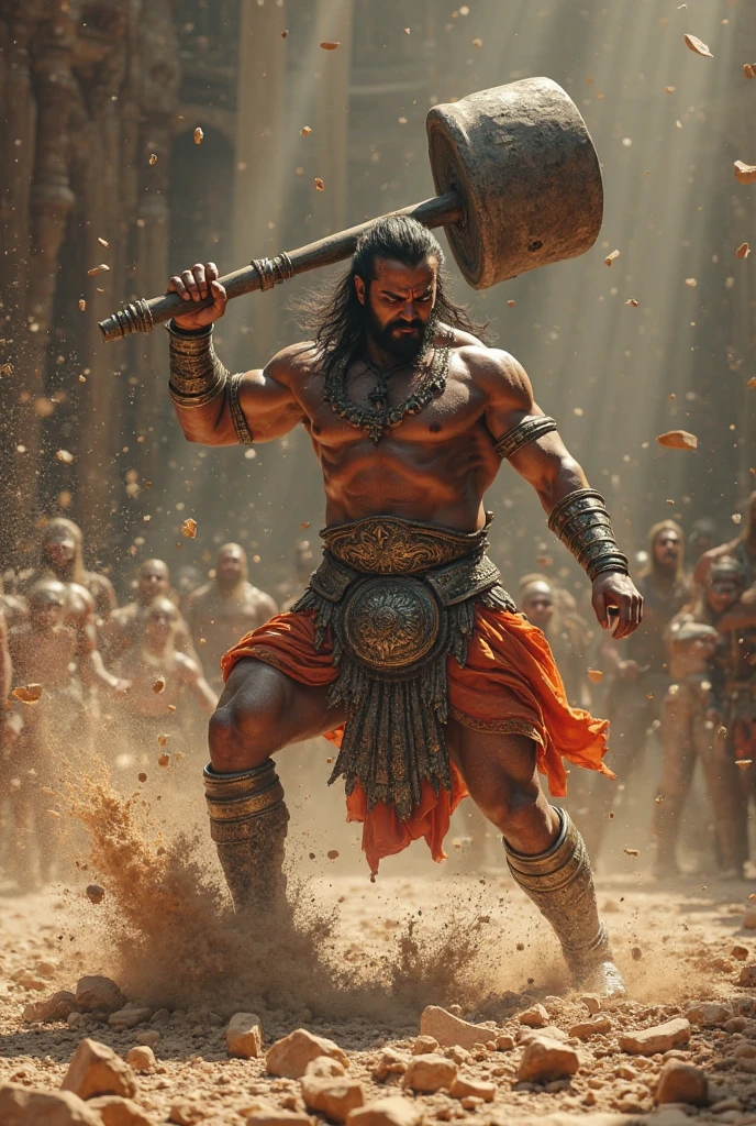 A muscular Indian warrior named Bheema, Mahabharata, captured from a distance in an evening post-war scene, holding a huge round golden mallet, backlit by a foggy and burning ruins, (best quality,4k,8k,highres,masterpiece:1.2),ultra-detailed,(realistic,photorealistic,photo-realistic:1.37),dramatic lighting,cinematic composition,epic fantasy,detailed muscular body,intense expression,Mahabharata,battlefield,dramatic smoke and fog,warm color tones,dramatic atmospheric lighting, dead bodies fallen, bloody,