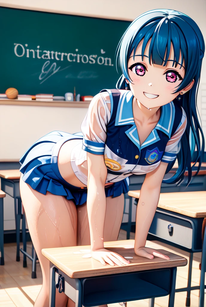 (masterpiece, highest quality, ultra high res, ultra detailed:1.3), 1 cute girl, ideal ratio body proportions, 17 yo, blue medium hair, high ponytail, sailor suit, , clothes covered nipples, blue pleated mini skirt, (white panties, high kicking the viewer:1.4), angry look, cameltoe, dynamic angle, classroom,