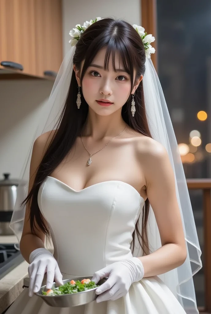 (8K, Photorealistic, Raw photo, of the highest quality: 1.3), (nsfw), (1girl in), Super beautiful, (Realistic face), (boyish, Silver Color Berry Shorthair), Beautiful, (wearing a white wedding dress, cleavage, with small neckrace and earring:1.3), Glare that captivates the viewer, Beautiful expression, Beautiful breasts, (Realistic skin), (small breasts), (in bed room, hotel room, at wedding night),