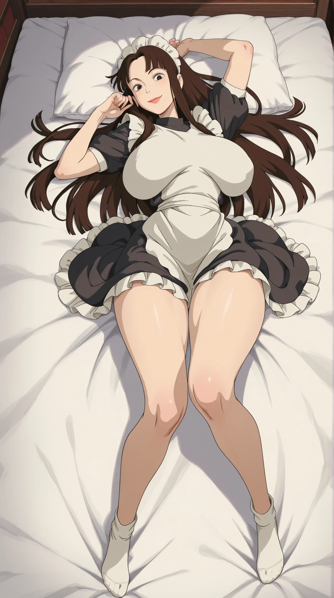 (Highest quality:1.5, High resolution, 超High resolution, 4K, Detailed lighting, Shaders), Brown Hair, Big twin tails, beautiful, Large Breasts, sexy,smile, (Close-up shot, View from below), Night bedroom background,Maid clothes, (squat), Erect nipples, Oily skin