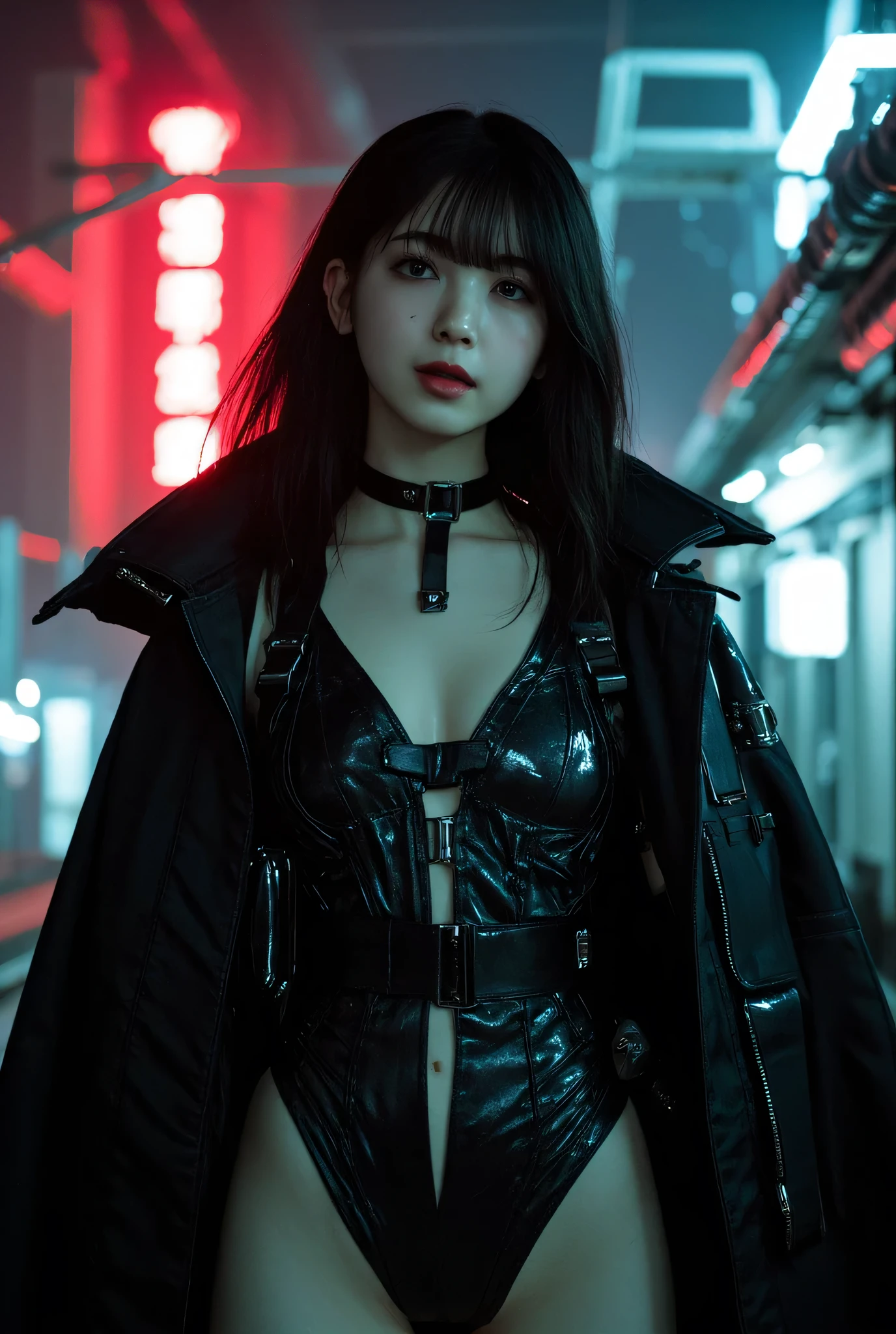 (((NSFW0.7))),Better Quality, Realist, Award-Winning Illustration, (Intricate details: 1.2), (Fine Detail), (Intricate details), (Cininatic Lights, Better Quality Backlight), Crisp Lines, Sharp focus, Official Art, unity wallpaper 8k, Absurd, unbelievably Absurd, Huge file sizes, Ultra- (in_main_two:1.21), (Neon lamp), Fantasy art, RTX,((triangle closeup photo by award winning studio )), 1 girl, so beautiful, (run away), small , ((two da cidade cyberpunk, Valkyrie)), Perfect hands, Beautiful and fine details, Perfect Face, (Cyberpunk Blouse, leather jacket, Martin boots) ,((Pleated skirt) ), ((Supermodel posture)),((Big Breasts)),(See through)