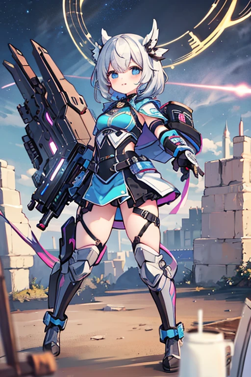Beautiful woman medium hair、hated、cyberpunked、a short bob、a blond、White Summer Knitted Cap、 odd eye、blue  right eye、Green left eye、Blue Leather Vest、Long white T-shirt、White Cargo Pants、Black Engineer Boots、head phone、Carried a sword on his back Japan、Sprint、In front of Shibuya Station、natta