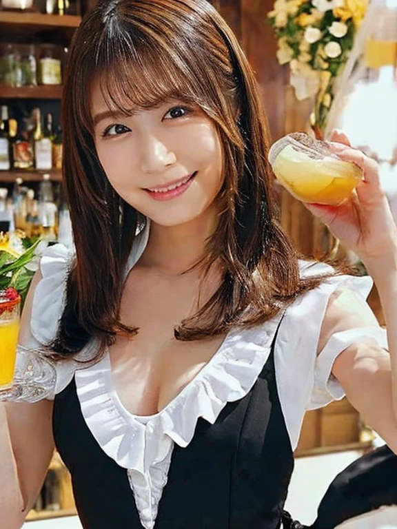 On a summer night at a summer festival, a beautiful woman with large breasts, wearing a colorful low-cut yukata, is enjoying a drink with the brightest smile. The scene is detailed and high quality, capturing the festive atmosphere and the elegance of the setting. The woman has a perfect face, beautiful expression, and striking eyes. The image is ultra-realistic 8K, professional artwork, masterpiece quality, with intricate details and the highest resolution.