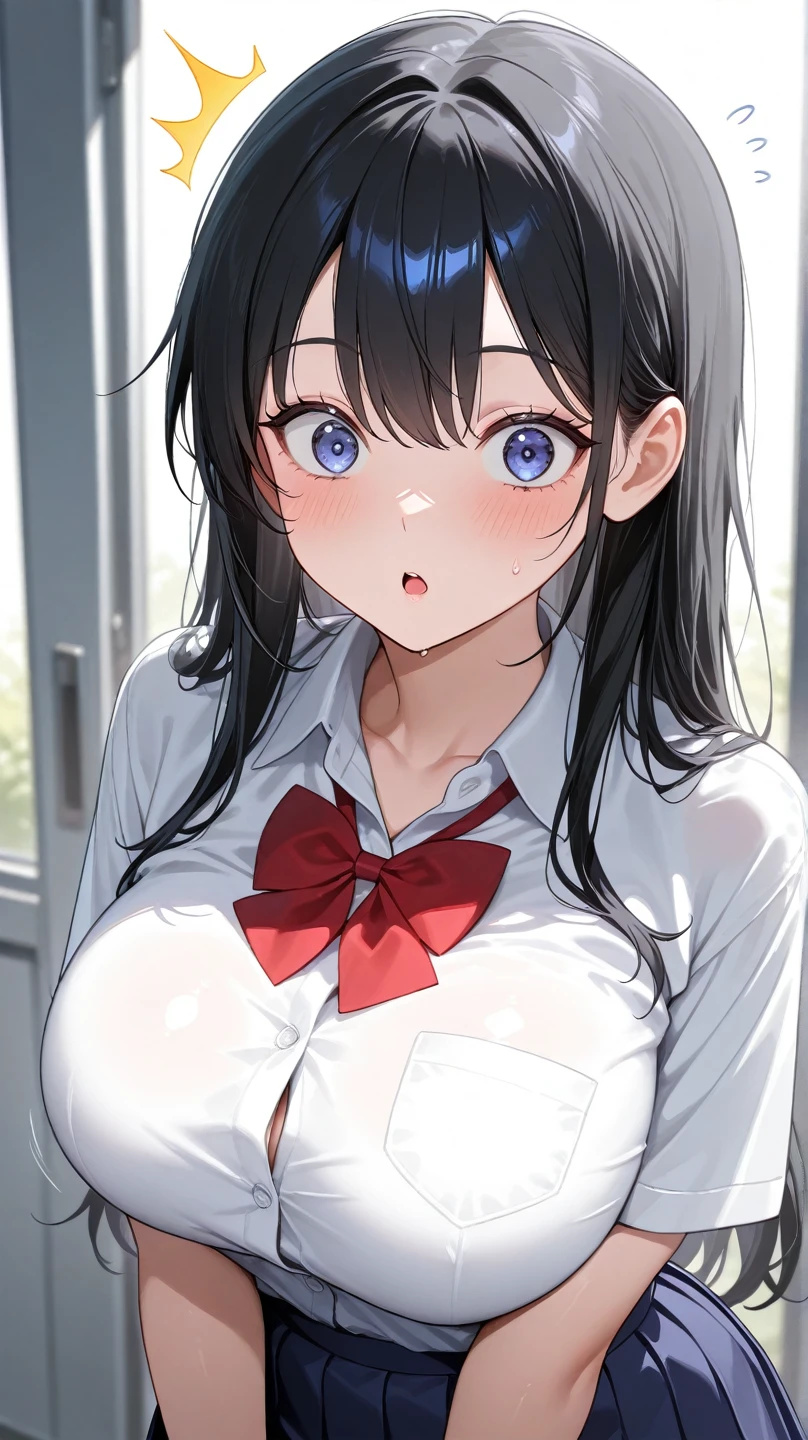 Christmas tree in background ,Viewers dream,View from below,1girl,heart-shaped pupils,hands on tongue,black hair,blue eyelush:1.1),close up, trembling,sweat,sweatdrop,heart,(speed lines:1.1),medium breasts, ((heavy breathing:1.3)), love, heart, Christmas outfit, happy, smile, paper, view from below, holding money, money in hand, close up