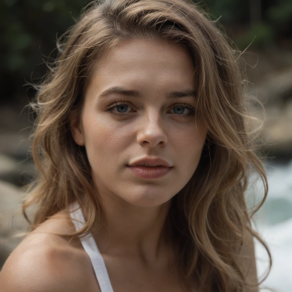 (best quality,8k,ultra-detailed,masterpiece:1.2),beautiful and aesthetic,hyperrealism,photography,portrait,beautiful girl, teenager, grey eyes, long blonde hair, sad expression, lake, swans