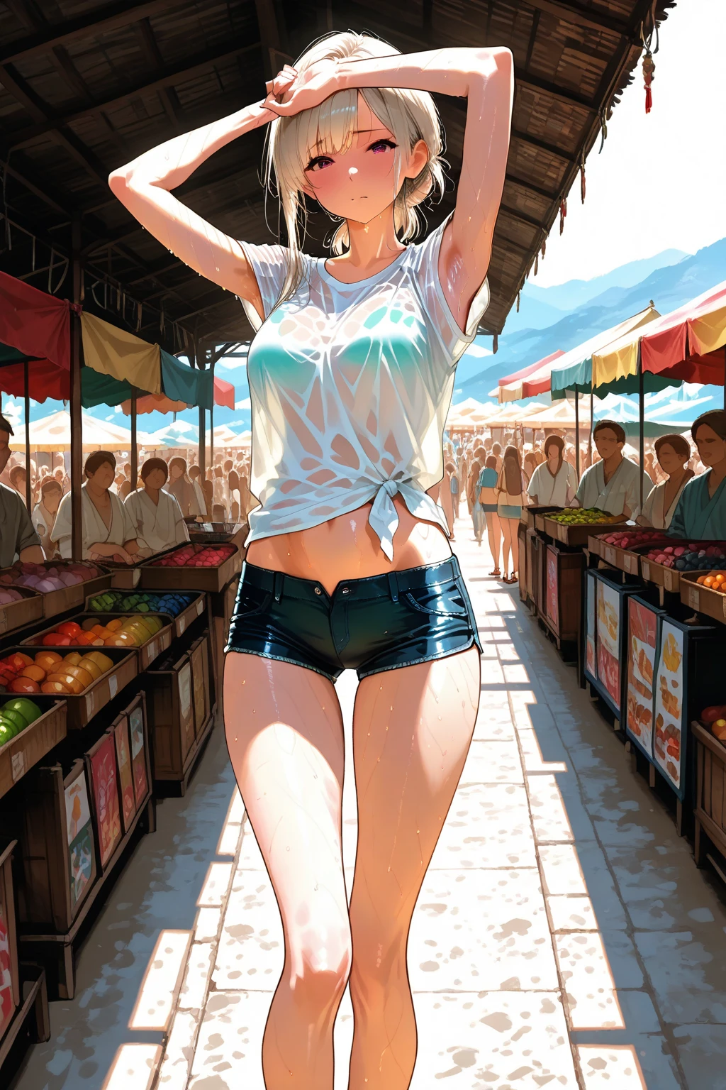 masterpiece, hyper realistic, realistic skin, best quality, 1girl, city pop, market, puddle, philippines, looking at another, topless, full body, vector illustration, nipples, light smile, blunt bangs, long hair, tube top, stomach, navel, bare shoulders, blonde, ponytail, wet, soaked, people on background, manila, raining, dolphin shorts, , , tropical, sneakers, laughing, hands up, jumping, tongue out, long tongue, sweaty