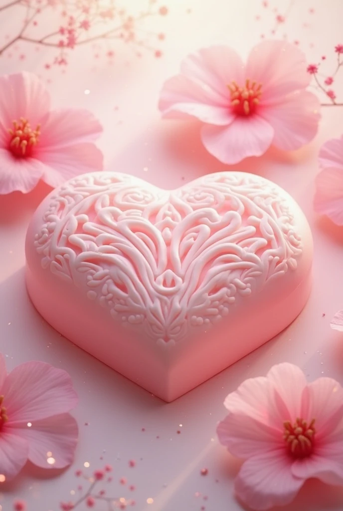 Heart-shaped soap with pink roses on the sides in the bathroom and with foam