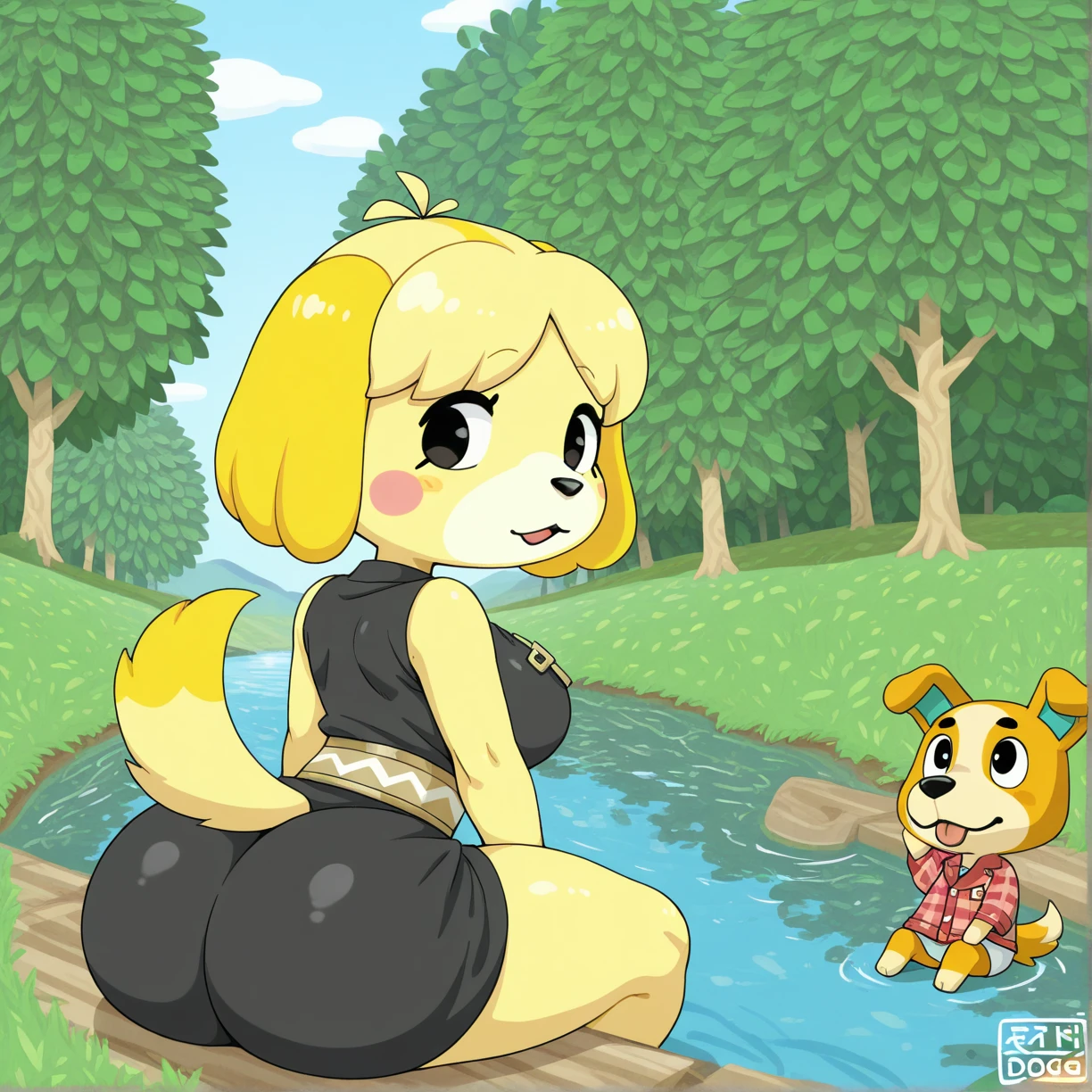 (huge breasts:1.4)(masterpiece) (high quality) (best quality) (1girl), (solo), narrow waist, (looking at viewer), Isabelle (Animal Crossing), bra, stockings, garter straps, garter belt, wooden sauna, night, back view, panties, big ass, biting lip, eyes half closed, tail, bent over, bare neck, bare shoulders, blush