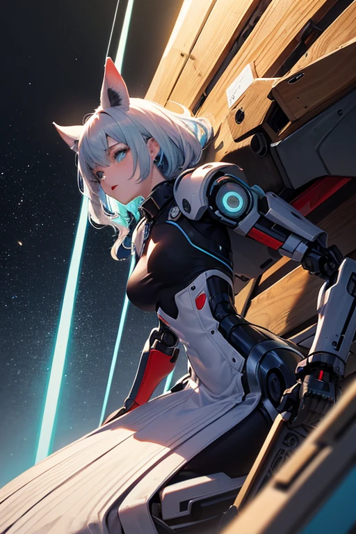 NSFW, 1girl, Official anime art illustration, Tiger eartreme closeup, whaite hair, skin exposed, , (glow blue eyes), space suit, (Girl standing in the street), Perfect, incredibily detailed, 8k, UHD, tmasterpiece, best qualtiy, ultra - detailed, 复杂,