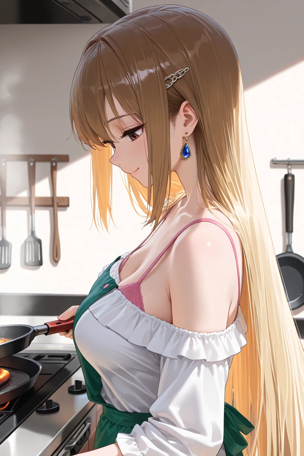 ((((masterpiece, best quality, high resolution)))), 1girl, wavy hair, average breasts, blush, light smile, parted lips, glow, thighs, bare shoulders, collarbone, narrow waist, cleavage, (masterpiece), (beautiful detailed face, beautiful detailed eyes), (naked apron, kitchen, arms behind back)