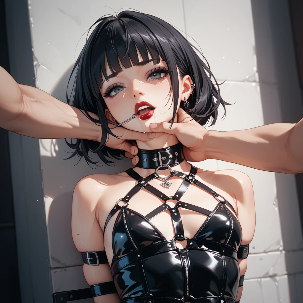 Masterpiece, Best Quality, highres, 1Girl, Solo, brown hair, short hair, brown Eyes, Upper body only, stone wall background, nude, brown underwear, large breasts, large slave collar, leash, angry face with tears, handcuffs, hands tied, sexy