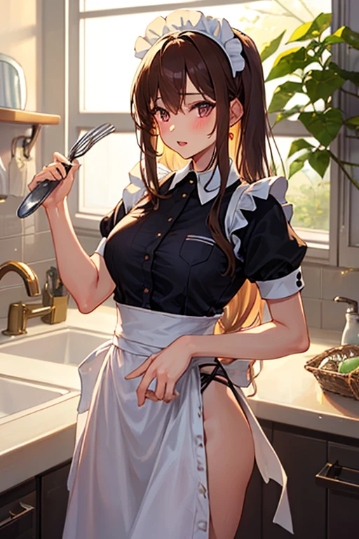 ((Tabletop, highest quality, High resolution, , Pixel perfect, 4K,))), 1 beautiful woman, private teacher、The whole body is visible、 ((Mid-wave hair, bangs, Brown Hair)), ((Brown eyes, Beautiful eyelashes, Realistic eyes)), ((Detailed face, Blushing:1.2)), ((Smooth texture:0.75, Realistic texture:0.65, Realistic:1.1, Anime CG Style)), middle size breast, Dynamic Angle, Perfect body, (( , , 、Frill apron, Maid Costume、Ruffled short sleeve shirt、Maid Costumeフリルスカート))、Cooking in the kitchen、、I can see all of your panties、Very embarrassing panic smile, 、、、、(Pink floral lace panties are visible、Stick your butt out)、Angle from below)、