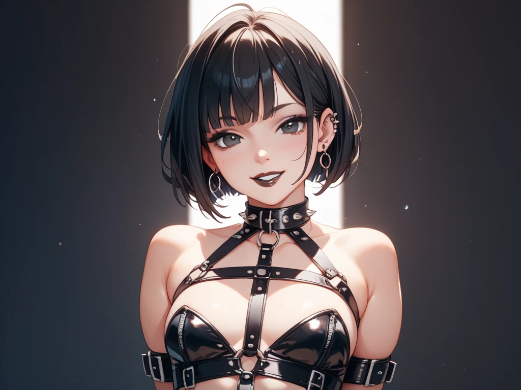 Masterpiece, Best Quality, highres, 1Girl, Solo, brown hair, short hair, brown Eyes, Upper body only, stone wall background, nude, brown underwear, large breasts, large slave collar, leash, angry face with tears, handcuffs, hands tied