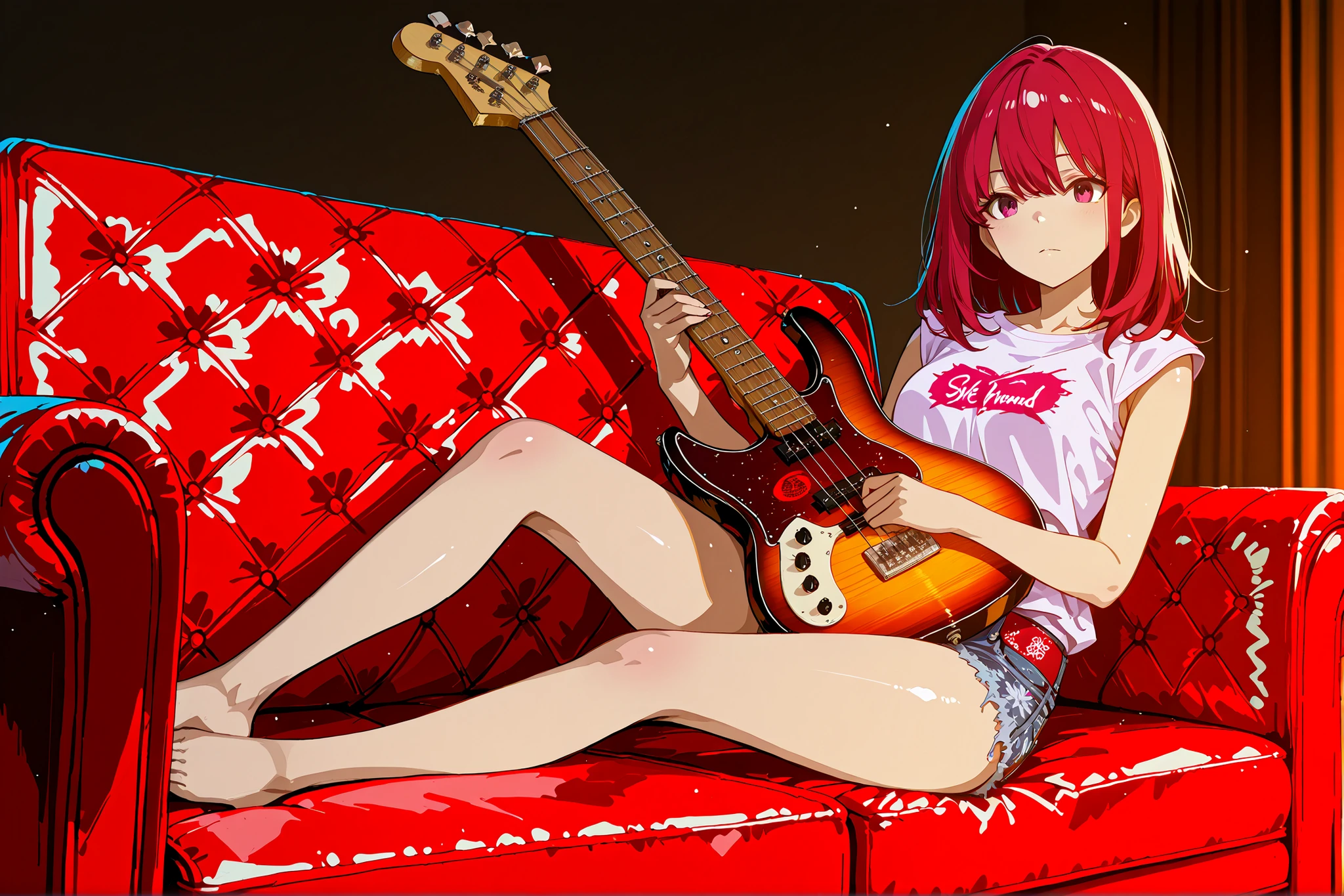 A girl lounging on a red leather sofa, playing a bass guitar. She has medium hair with a blend of purple and red, looking languid and relaxed. She wears a graphic print T-shirt(sleeveless) and denim hot pants, barefoot. The mood is casual and a bit grungy, with soft lighting and a slightly moody atmosphere. Emphasis on attitude and style.