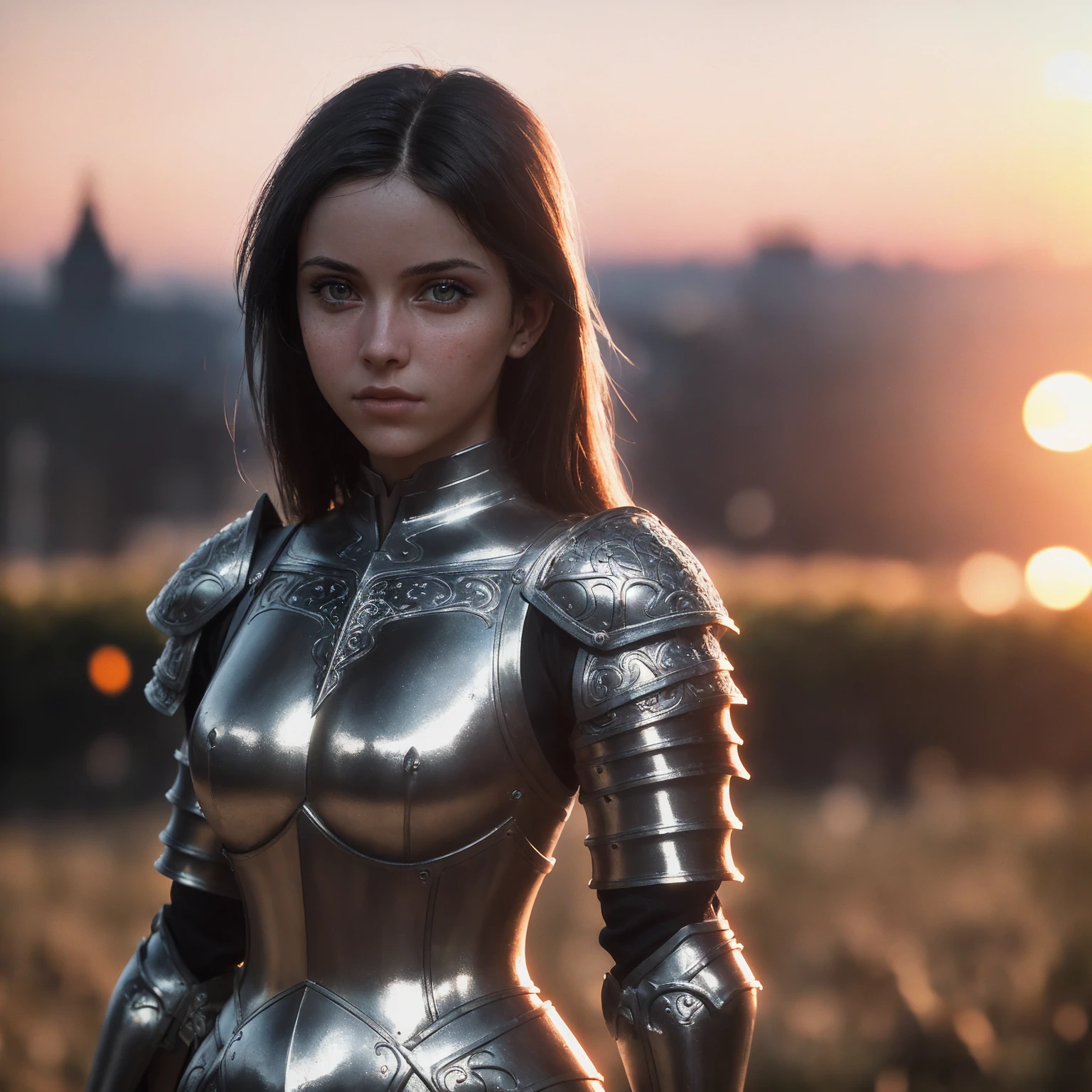 (masterpiece), (Extremely complex:1.3), (Practical), Portrait of a girl, The most beautiful in the world, (Medieval Armor), Metal Reflection, Upper Body, outdoor, Strong sunlight, Distant Castle, Professional photo of stunning woman detailed, Clear focus, dramatic, The award-winning, light, Octane rendering Unreal Engine, Volume measurement dtx, (Film Grain, Blurred background, Blurred foreground, Bokeh, Depth of Field, Sunset, Motion Blur:1.3), Chain Mail