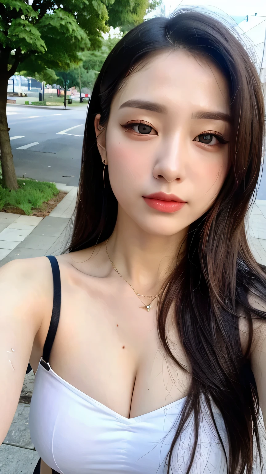 ((realistic lighting, highest quality, 8K, masterpiece, medium shot: 1.3)), clear focus: 1.2, 1 girl, perfect figure: 1.4, slim abs: 1.1, ((dark brown hair)), (strapless white tube top: 1.4), (outdoor, night: 1.1), street, super fine face, fine eyes, double eyelid,(tartan check miniskirt), Taking a selfie with your phone,