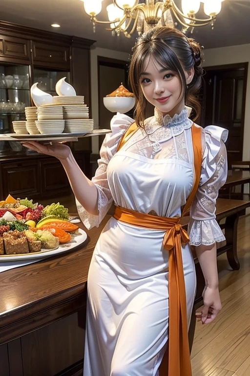 a mature woman with big round pump breasts，deep cleavage，thick thighs，fleshy thighs，long legs，holding a banana。the golden-haired housewife now sitting at her dining table. The room is filled with the comforting aromas of a freshly prepared meal. The table is set with fine china and silverware, each piece reflecting the soft light of the setting sun that filters through the window panes. A large, rustic wooden table is the centerpiece of the dining area, its surface polished by years of family gatherings and shared meals. She sits with an air of casual elegance, her golden curls framing her face as she rests her elbows lightly on the smooth surface of the table. Perhaps there's a half-empty cup of tea before her, steam gently rising and curling into the air. The cream-stained apron has been discarded, revealing an outfit that suggests comfort blended with style. Her smile is warm and inviting, her eyes sparkling with a hint of mischief, ready to engage in lively conversation or share stories of the day. The atmosphere around her is one of tranquility and joy, a sanctuary created by her loving hands, where the cares of the world seem to melt away. It's a place where family and friends gather, where memories are made, and where the simple pleasures of life are celebrated.